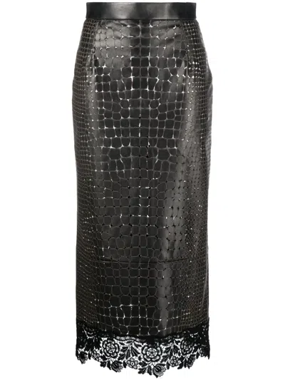 Roberto Cavalli Animal-pattern Lace-trim Leather Skirt In Black
