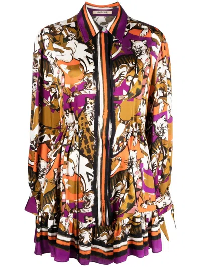 Roberto Cavalli Animal-print Drawstring Shirt Dress In Purple