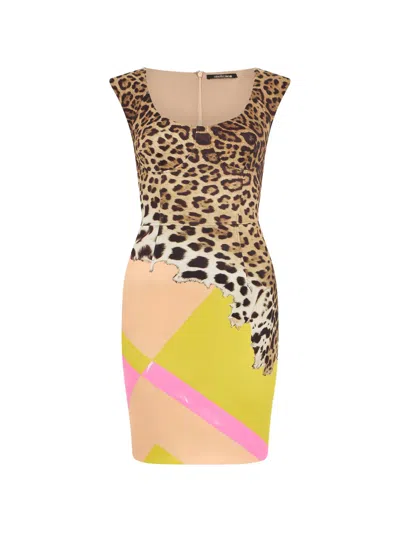 Roberto Cavalli Colorblock Jaguar-print Bustier Mini Dress In Yellow