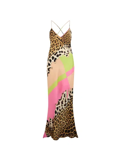Roberto Cavalli Colorblock Jaguar-print Silk Maxi Slip Dress In Multi