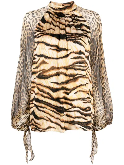 Roberto Cavalli Animal-print Puff-sleeve Blouse In Neutrals