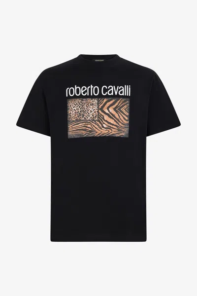 Roberto Cavalli Animal Print T-shirt With Logo In Black