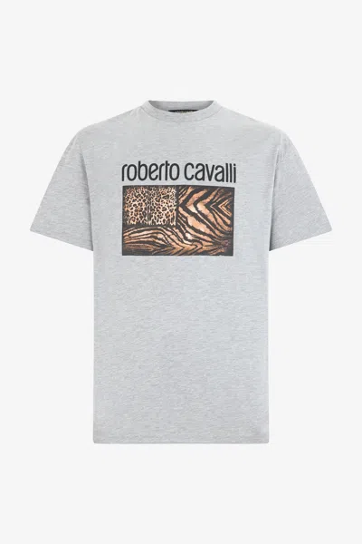 Roberto Cavalli Animal Print T-shirt With Logo In Gray