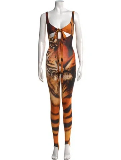 Pre-owned Roberto Cavalli Animal Print Tie Neck Jumpsuit In Orange