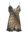 Roberto Cavalli Animalier Silk Mini Dress With Scalloped Lace Trim In Brown
