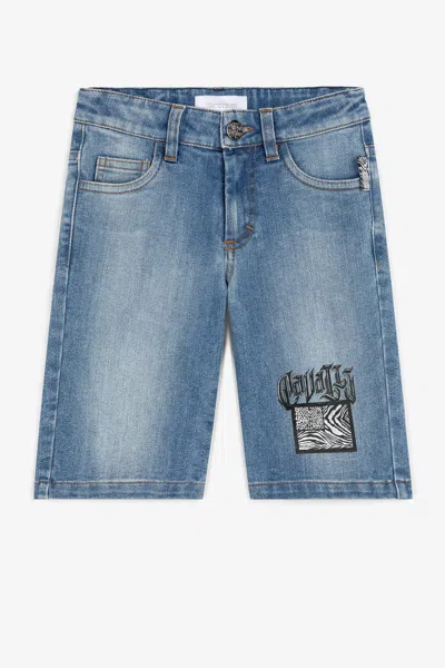 Roberto Cavalli Animalier Patchwork-print Denim Shorts In Dark Blue