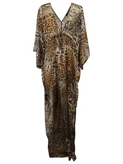Roberto Cavalli Animalier Print Loose Fit Long Dress In Natural