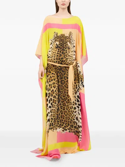 Roberto Cavalli Knee Length Dress Kimono Sleeves Belted Waist In Multi