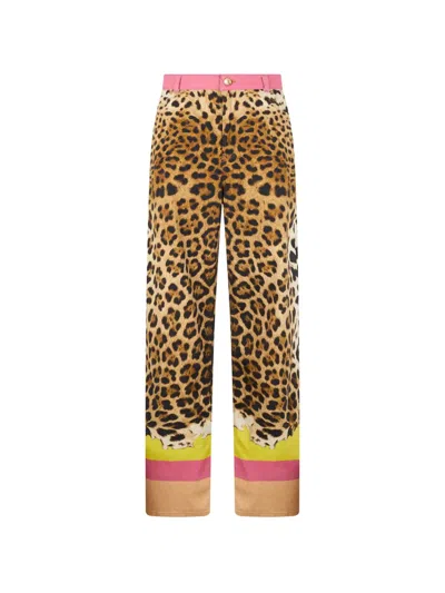 Roberto Cavalli Leopard-print Silk Straight Pants In Brown