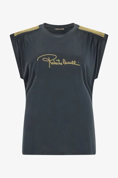 Roberto Cavalli Anthracite T-shirt With Studded Shoulders In Black