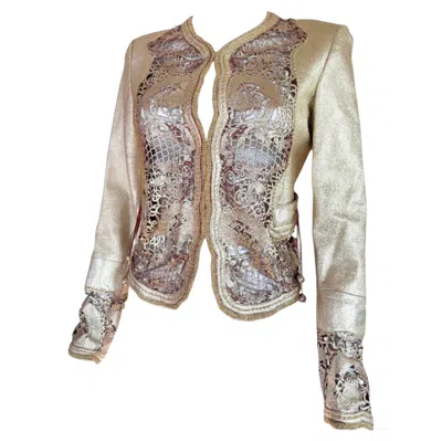Pre-owned Roberto Cavalli Archival S/s 2007 Gold Metallic Lasercut Leather Dragon Jacket In Brown