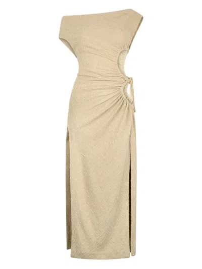 Roberto Cavalli Asymmetric-neck Midi Dress In Beige