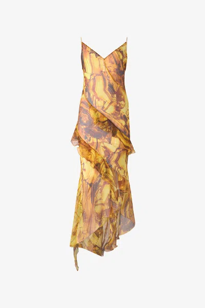 Roberto Cavalli Asymmetric Silk Dress With Amber Print In Yellow