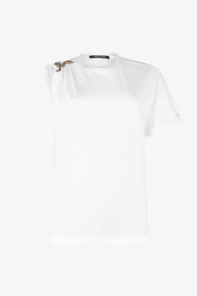 Roberto Cavalli White Asymmetric T-shirt With Snake Motif