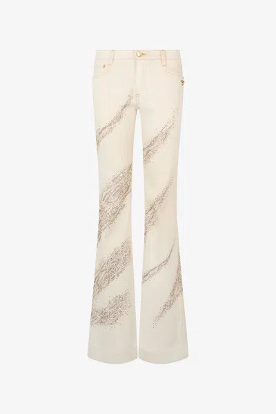 Roberto Cavalli Ivory Flared Jeans With Gold Animal-print Detailing In White