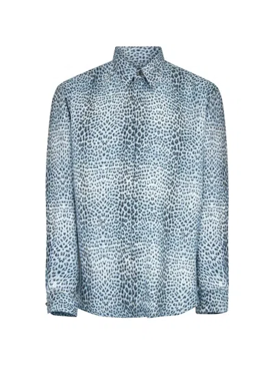 Roberto Cavalli Silk Shirt With Baby Jaguar Print In Blue