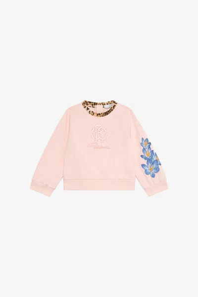 Roberto Cavalli Baby Pink Sweatshirt With Embroidered Flowers
