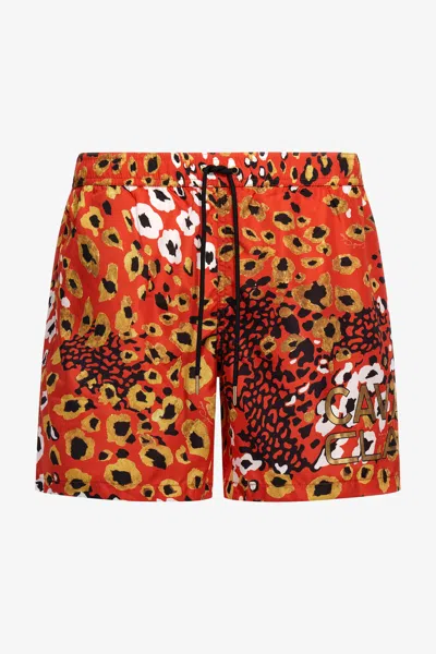 Roberto Cavalli Leopard Print Swim Trunks In Orange