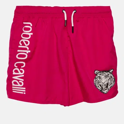Pre-owned Roberto Cavalli Beachwear Fucsia Pink Logo Printed Swim Shorts S