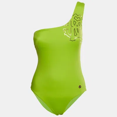 Roberto Cavalli Beachwear Green Monogram Knit One-shoulder Swimsuit In Multi