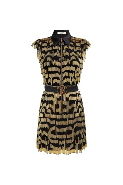 Roberto Cavalli Beaded Fringe Mirror Snake Dress In Gold