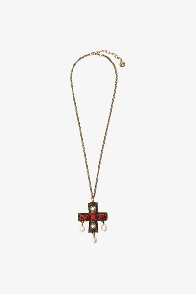 Roberto Cavalli Beaded Necklace With Cross In Metallic