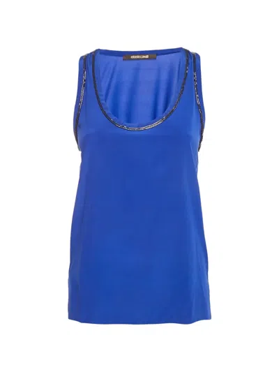 Pre-owned Roberto Cavalli Beaded Silk Top In Blue
