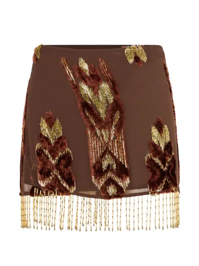 Roberto Cavalli Bead-fringe Devoré-velvet Mini Skirt In Brown