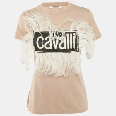 Roberto Cavalli Beige Cotton And Modal Faux Feather Detail T-shirt In Neutral