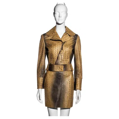 Pre-owned Roberto Cavalli Beige Croc-embossed Leather Jacket And Mini Skirt Set, Fw 2000 In Brown
