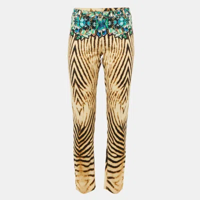 Pre-owned Roberto Cavalli Beige Crystal Animal Print Cotton Skinny Jeans M/waist 32" In Sand