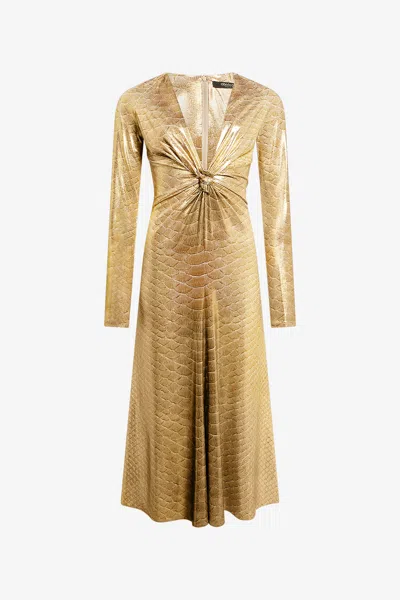 Roberto Cavalli Beige Gold Midi Dress With Serpentine Print