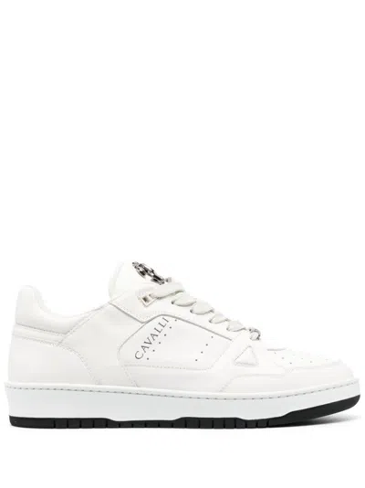 Roberto Cavalli Beige Leather Casual Trainers With Perforated Detailing In White
