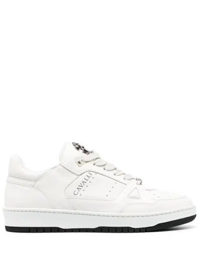 Roberto Cavalli Beige Leather Casual Trainers With Perforated Detailing In White