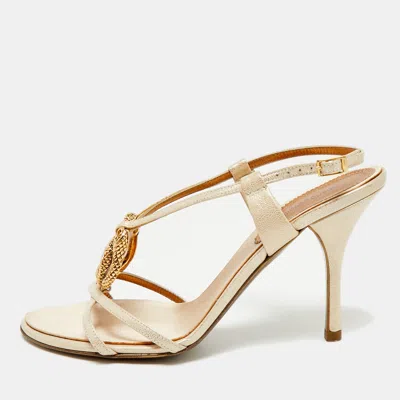 Pre-owned Roberto Cavalli Beige Leather Crystals Embellished Ankle Strap Sandals Size 39