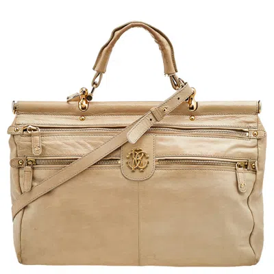 Roberto Cavalli Beige Leather Multiple Pocket Top Handle Bag In Brown