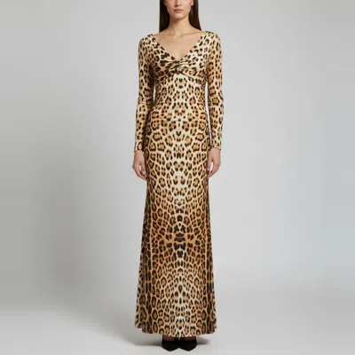 Pre-owned Roberto Cavalli Beige Leopard Print Jersey Ruched Maxi Dress S In Sand