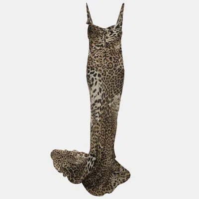 Pre-owned Roberto Cavalli Beige Leopard Print Silk Maxi Dress L In Sand