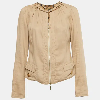 Roberto Cavalli Beige Linen Blend Zip-up Jacket In Brown
