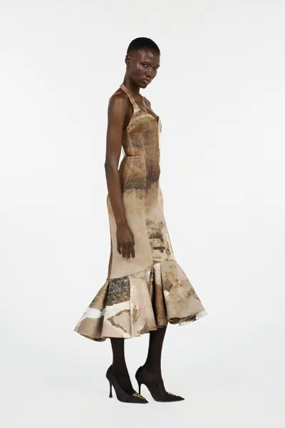 Roberto Cavalli Beige Mermaid Dress With Marble Print In Brown