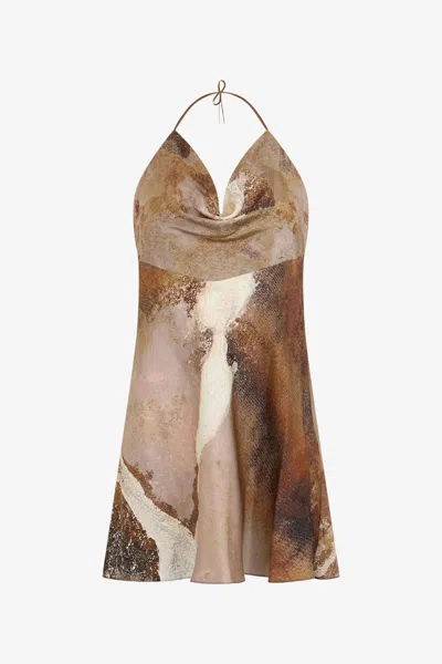 Roberto Cavalli Beige Mini Dress In Silk With Marble Print In Brown