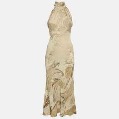 Pre-owned Roberto Cavalli Beige Paisley Print Silk Neck Tie Detail Dress Xs In Sand