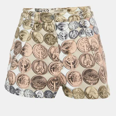 Roberto Cavalli Beige Printed Denim Shorts S/waist In Neutral