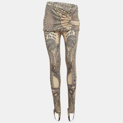 Pre-owned Roberto Cavalli Beige Printed Knit Draped Overlay Detail Pants M In Sand
