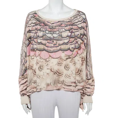 Roberto Cavalli Beige Printed Silk Knit Oversized Sweatshirt In Multi