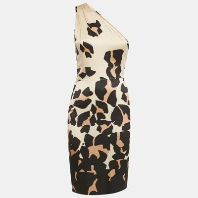 Pre-owned Roberto Cavalli Beige Printed Silk One Shoulder Short Dress S In Sand