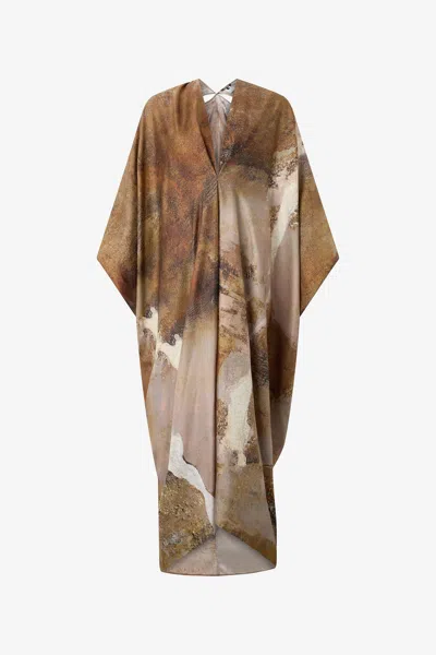 Roberto Cavalli Beige Silk Caftan With Marble Print In Brown
