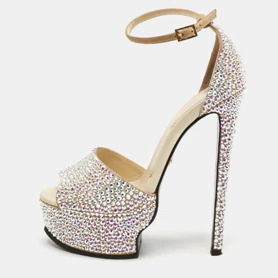 Roberto Cavalli Beige Suede Crystals Embellished Platform Sandals In Neutral