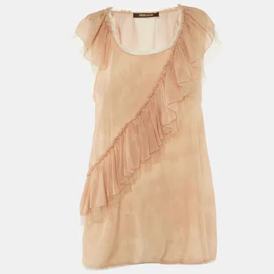 Pre-owned Roberto Cavalli Beige Tie Dye Silk Frill Detail Top S In Sand