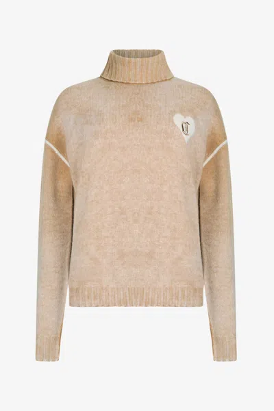 Roberto Cavalli Beige Turtleneck Sweater With Heart Logo In Sand